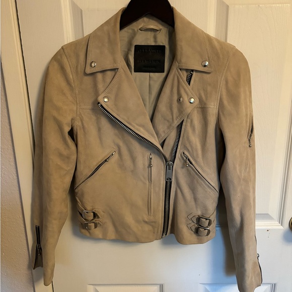 Allsaints Tan Prescott Suede Biker Leather Moto Jacket in Dove Grey, 4 S - Picture 4 of 9